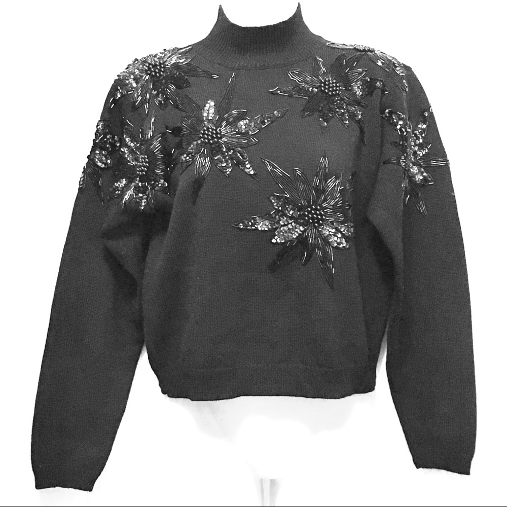 Vintage Cache Black Wool Beaded Sweater Hong Kong size Small